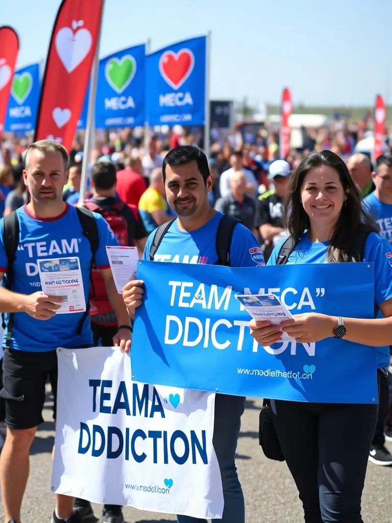 An impactful image of TEAM MECA ' DDICTION raising awareness for a health cause at a motorsport event, displaying banners and distributing information.