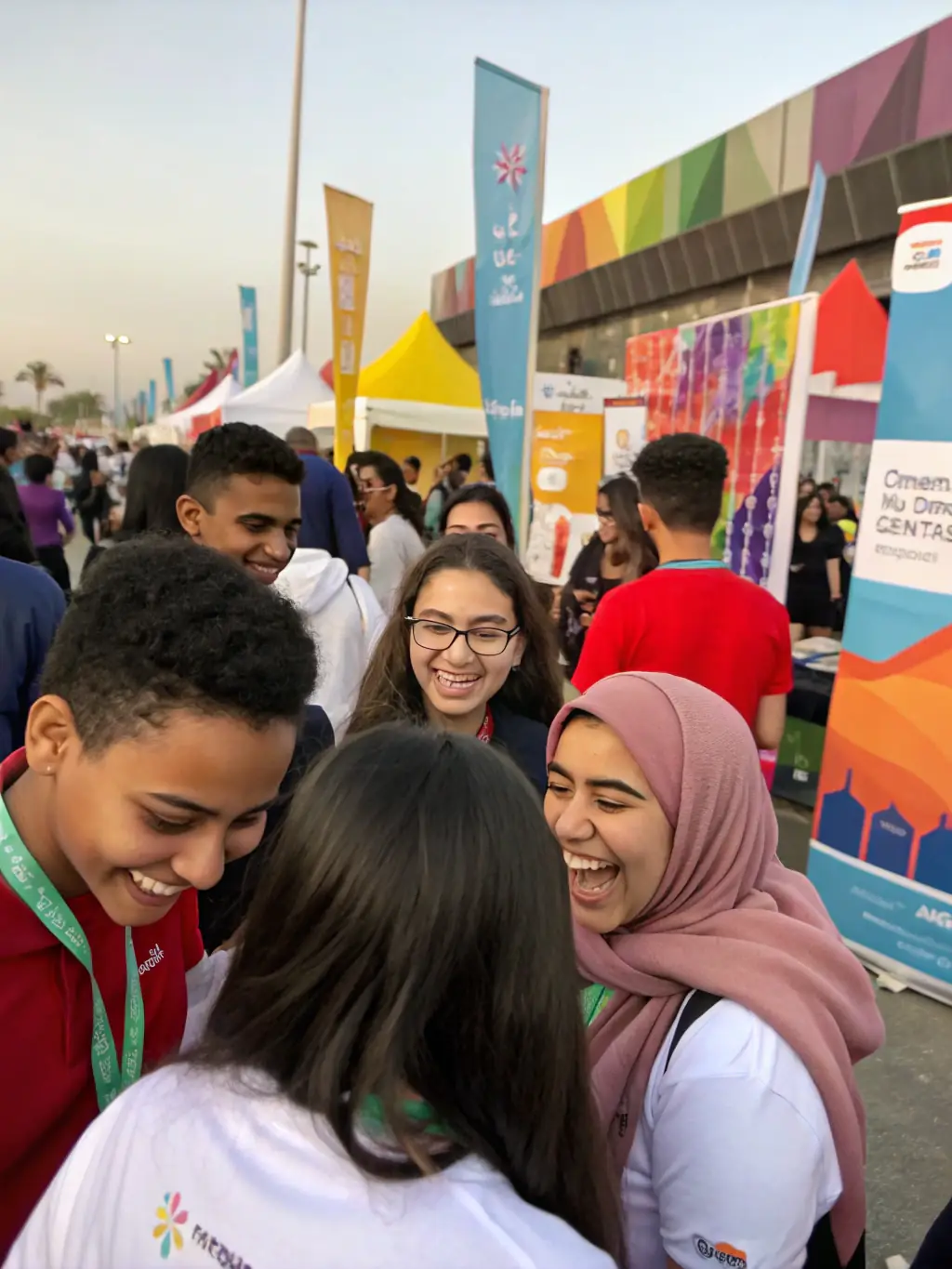 A powerful image of a health awareness campaign event, with participants wearing branded merchandise and engaging in educational activities.