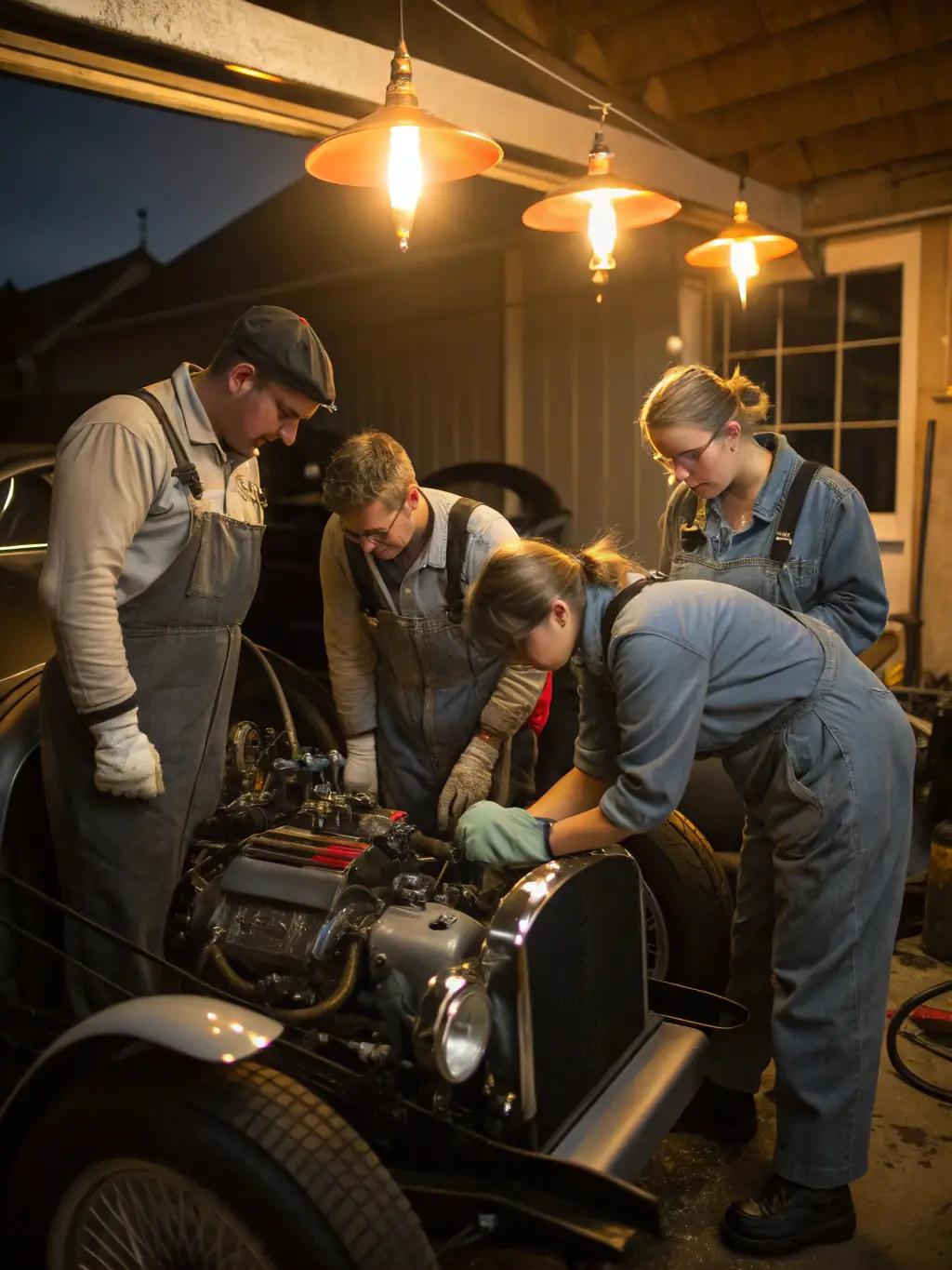 A vibrant image of a diverse group of participants working together on a race car in a garage setting, showcasing the hands-on aspect of TEAM MECA ' DDICTION's vehicle preparation program.
