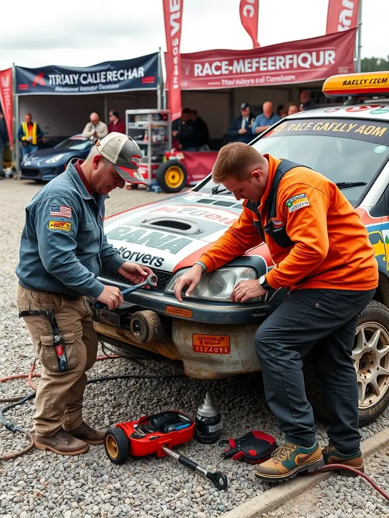 A heartwarming image of volunteers assisting with vehicle preparation and logistics for a charitable event, emphasizing the spirit of teamwork and support.