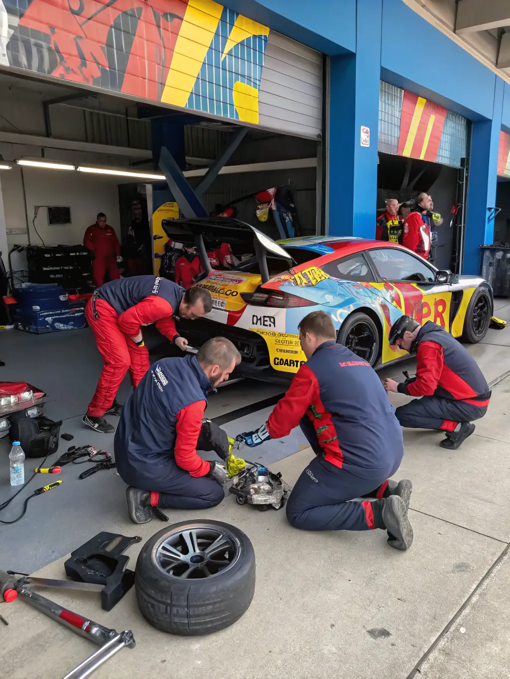 A vibrant image of TEAM MECA ' DDICTION members preparing a race car for an event, showcasing their technical skills and teamwork.